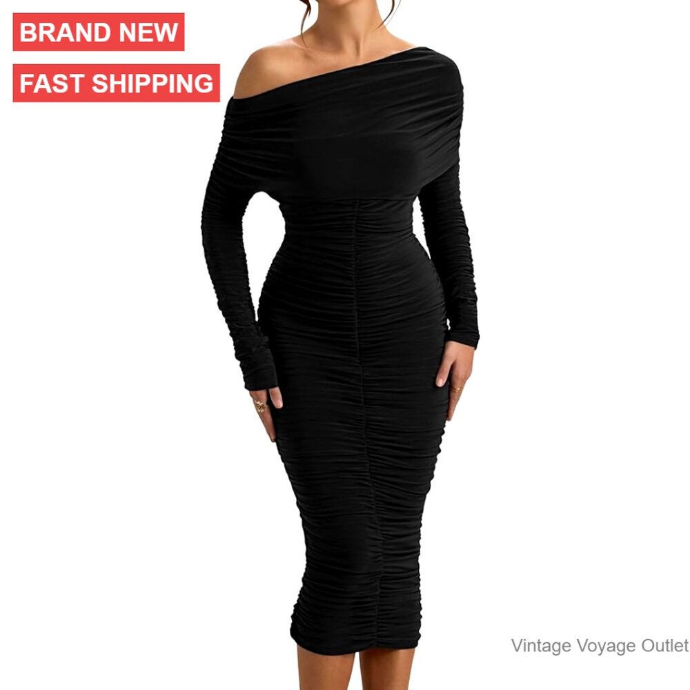 Long Sleeve Bodycon Midi Dress Off Shoulder Ruched Party Cocktail